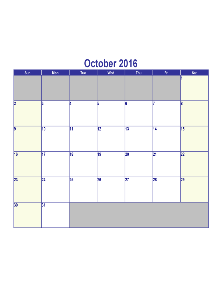 Sample October 2016 Calendar