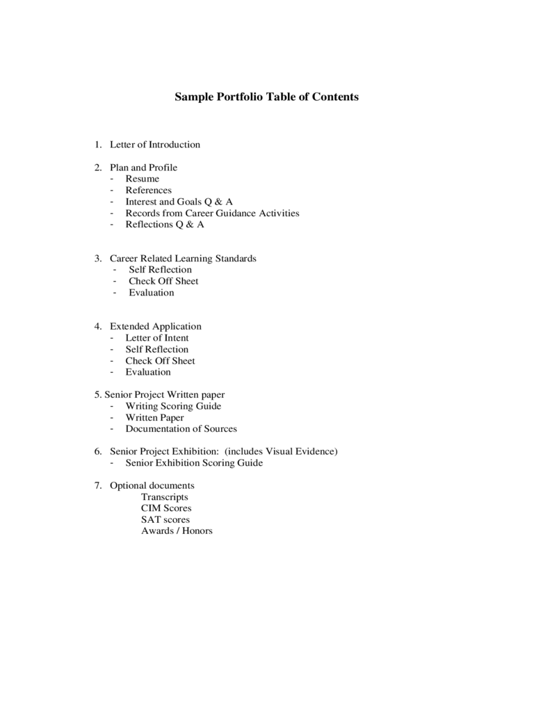 Sample Portfolio Table of Contents