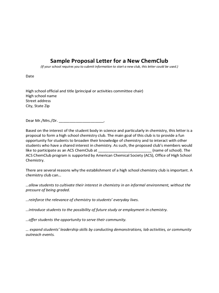 Sample Proposal Letter for a New ChemClub