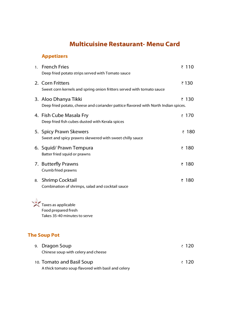 Sample Restaurant Menu Card