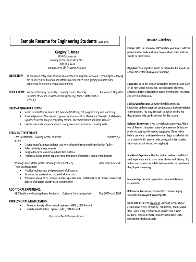 Sample Resume for Engineering Students (jr/sr leve)