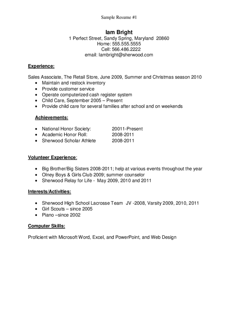 Sample Resume for High School Graduate