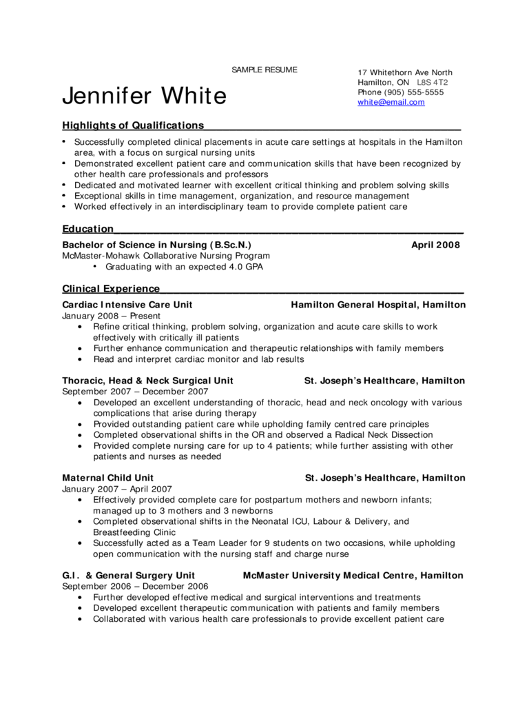 Sample Resume for Nursing Students