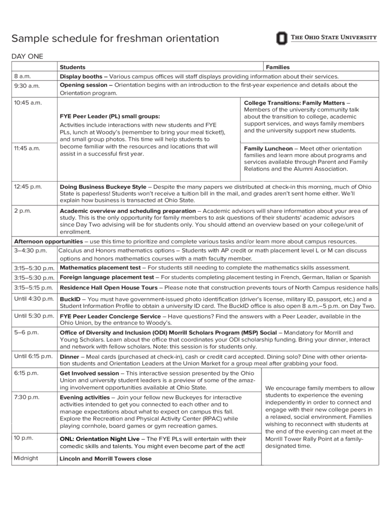 Sample Schedule for Freshman Orientation