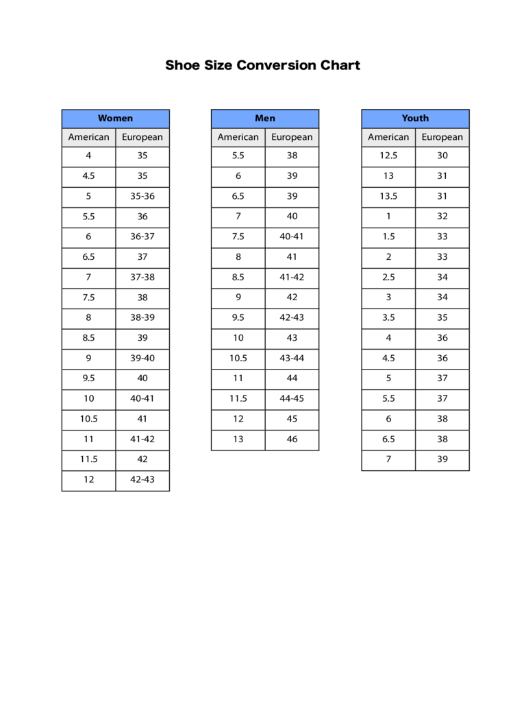 Printable Shoe Size Conversion Chart