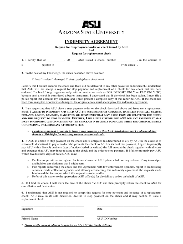 Sample Stop Payment Indemnity Agreement