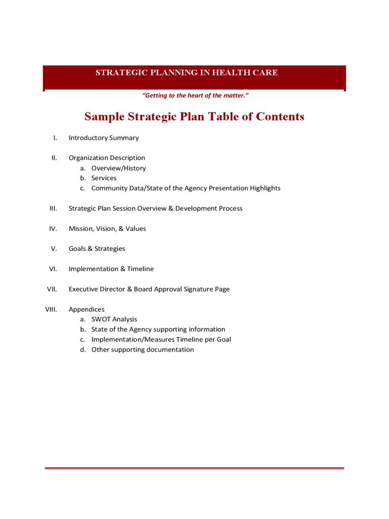Sample Strategic Plan Table of Contents