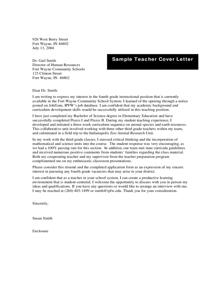 cover letter sample for job teacher