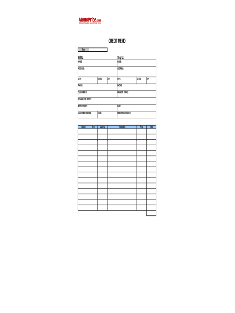 Excel Free Printable Credit Memo Template Master Template