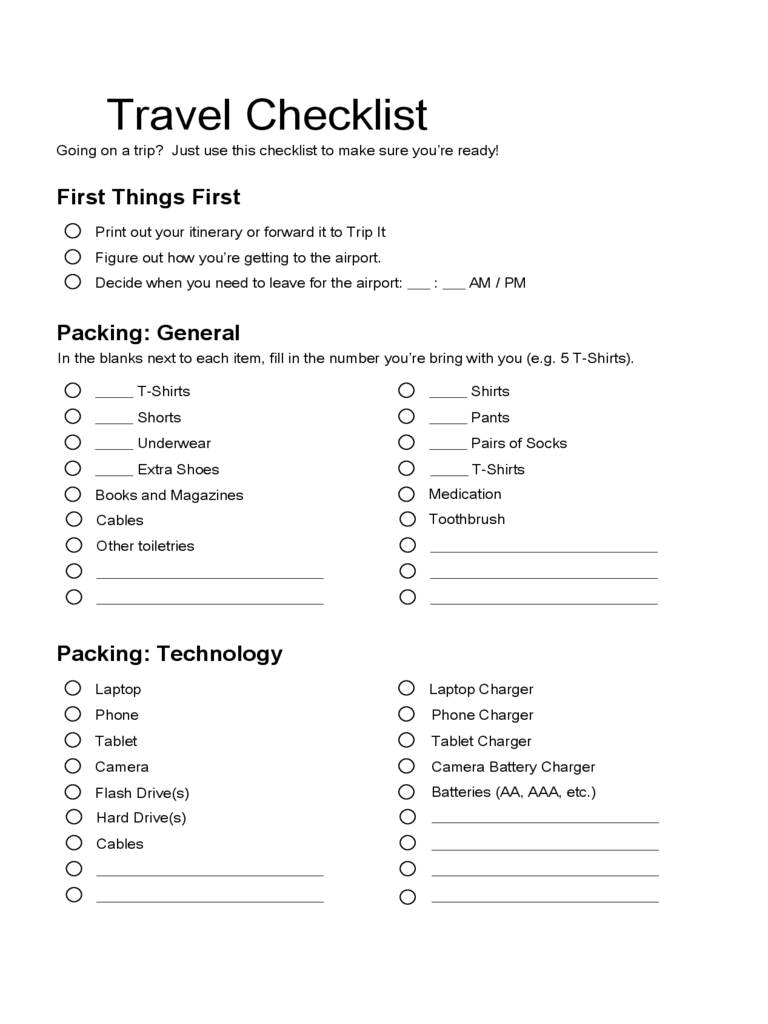 Sample Template for Travel Checklist