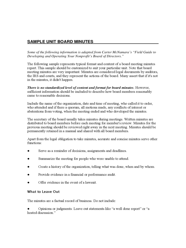Sample Unit Board Meeting Minutes