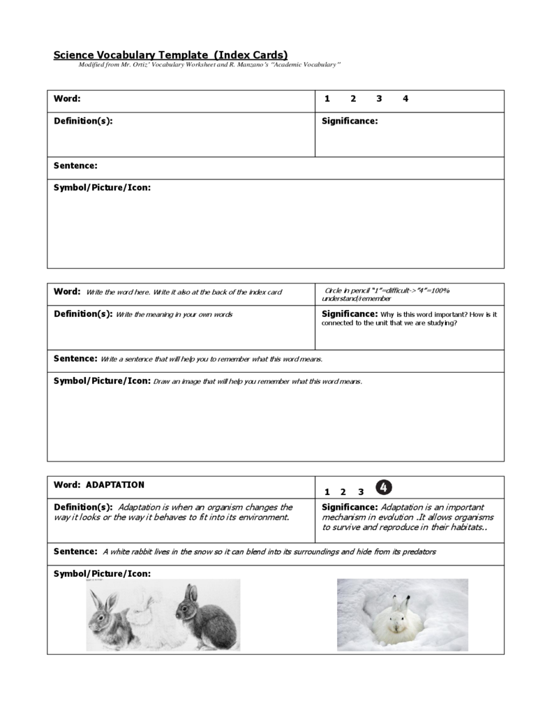 Science Vocabulary Index Card Template