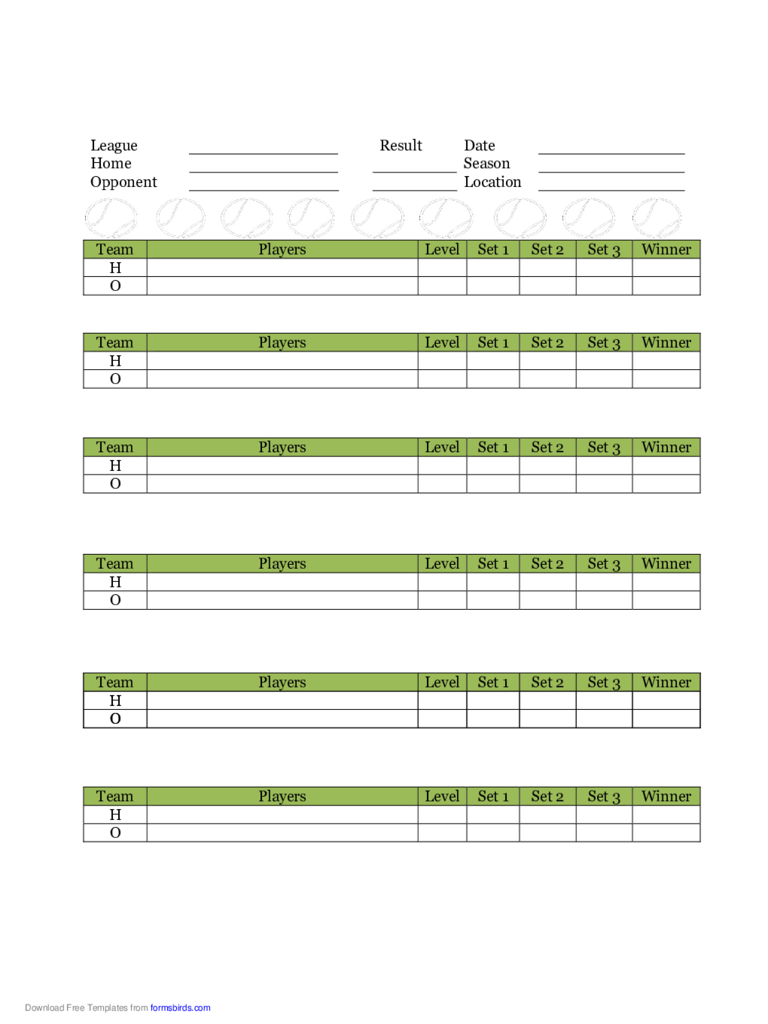 Score Sheet for Tennis
