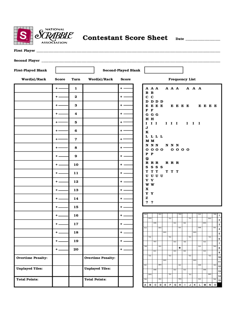 Scrabble Contestant Score Sheet
