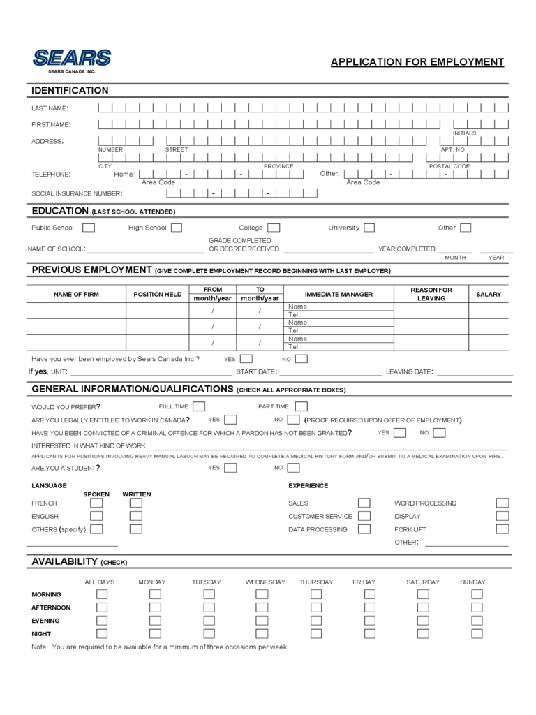 Sears Application for Employment Form
