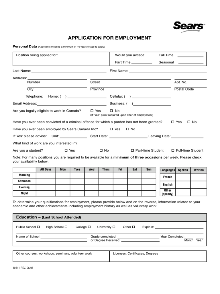 Sears Employment Application Form