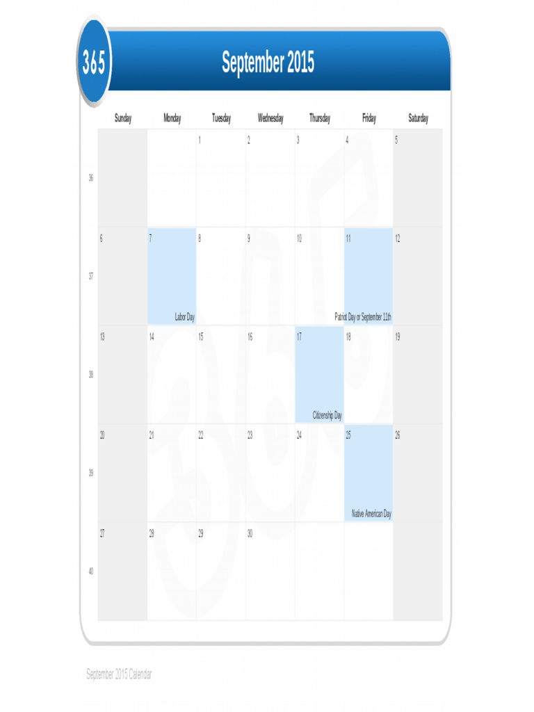 September 2015 Calendar Sample Template
