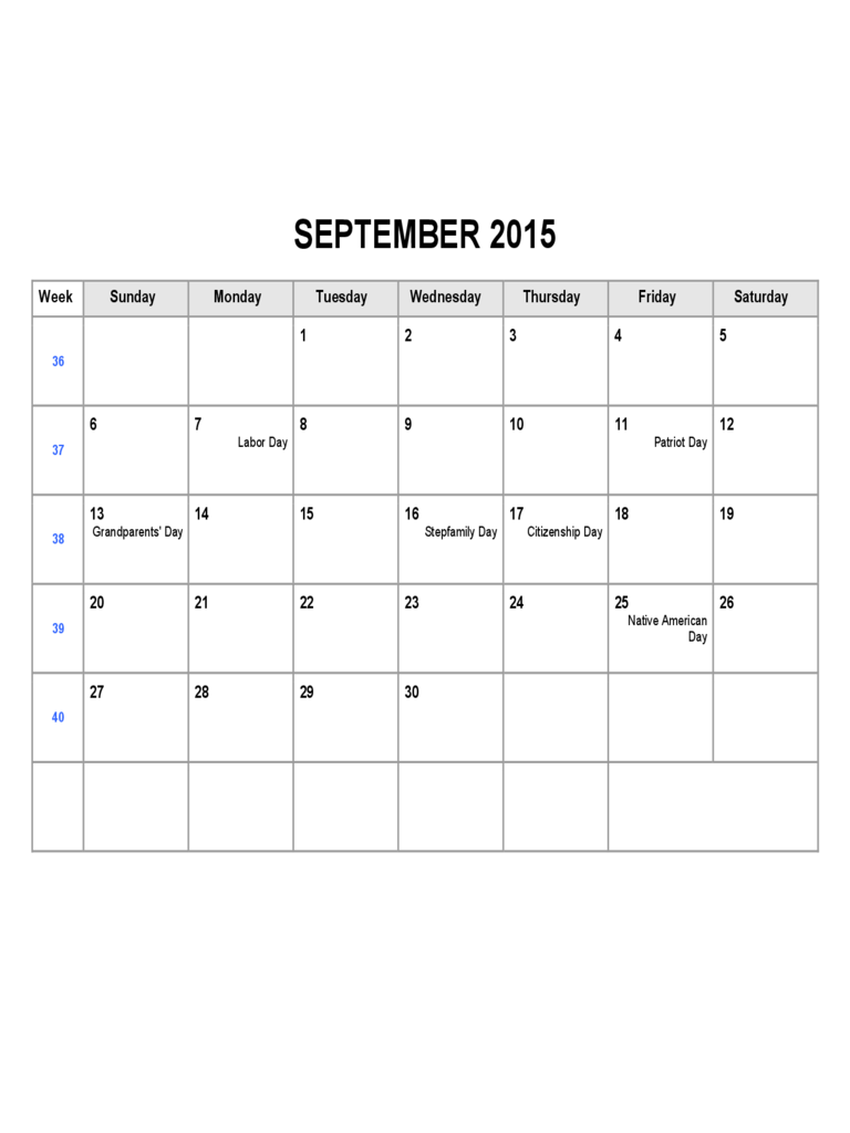 September 2015 Calendar Template Edit Fill Sign Online Handypdf