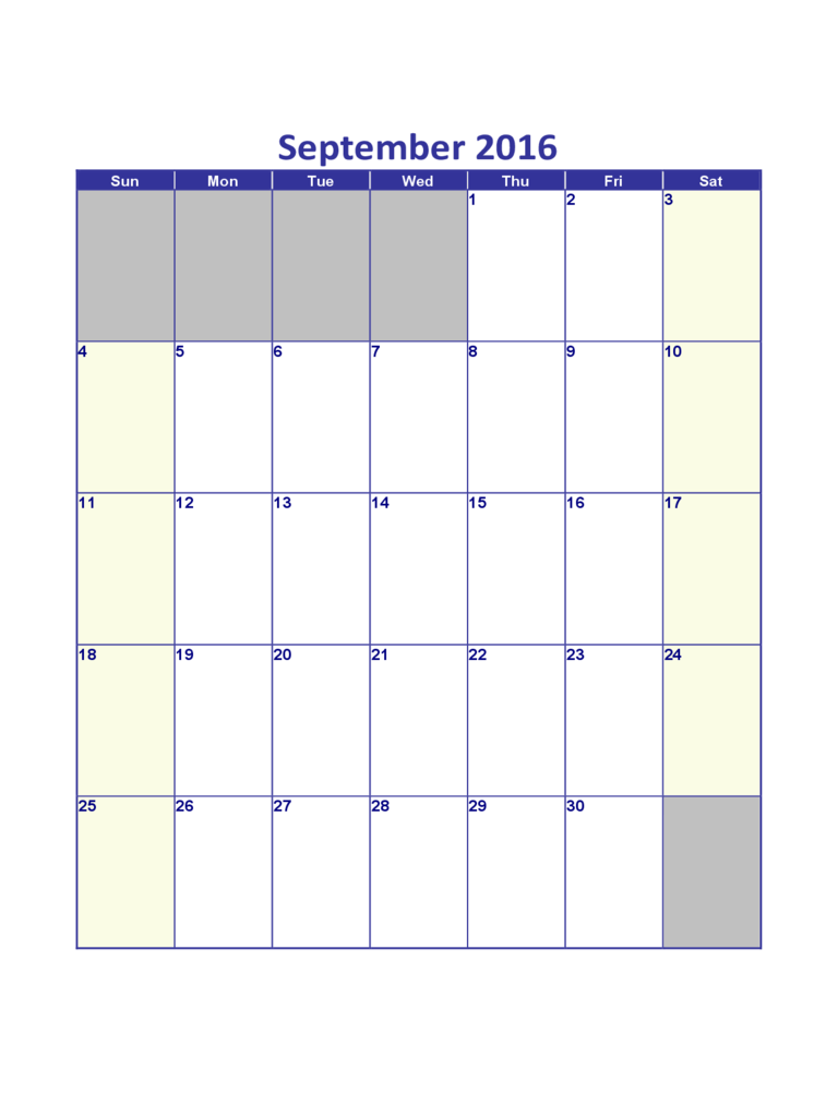 September 2016 Calendar Sample