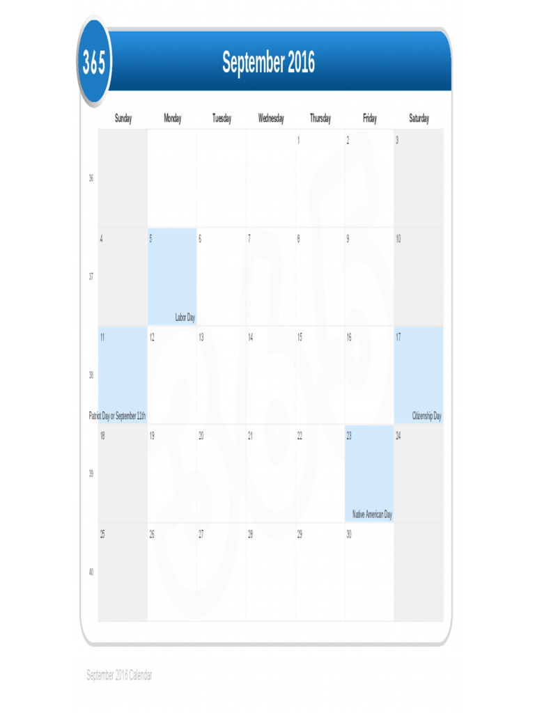 September 2016 Calendar Sample Template
