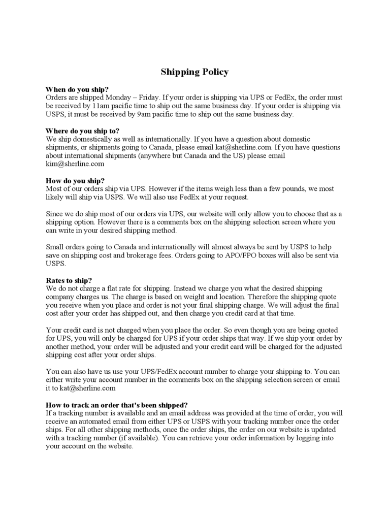 Shipping Policy - Sherline