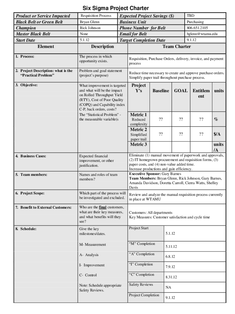 2023 Six Sigma Project Charter Template Fillable, Printable PDF