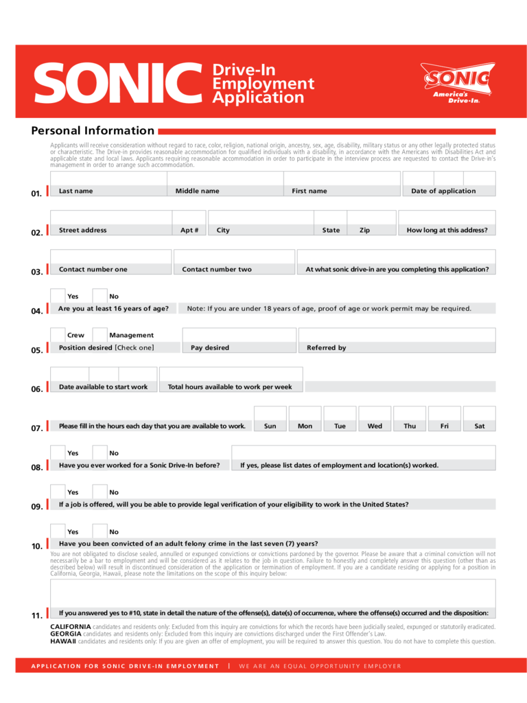 Sonic Drive-in Employment Application Form