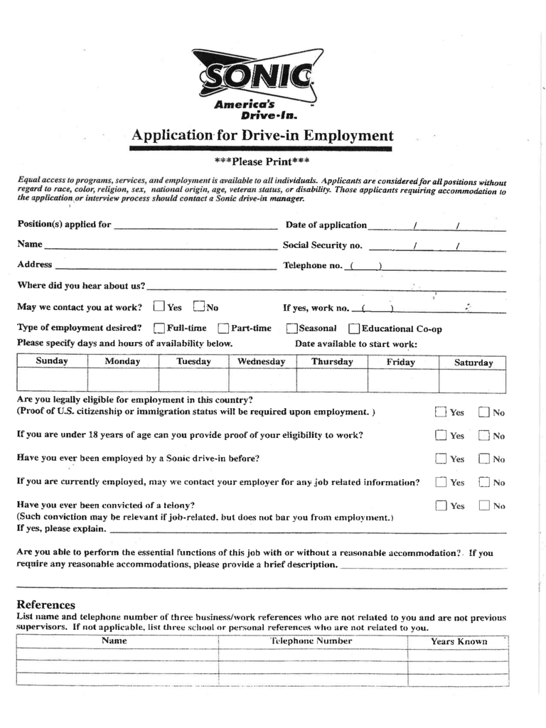 Sonic Drive-in Job Application Form