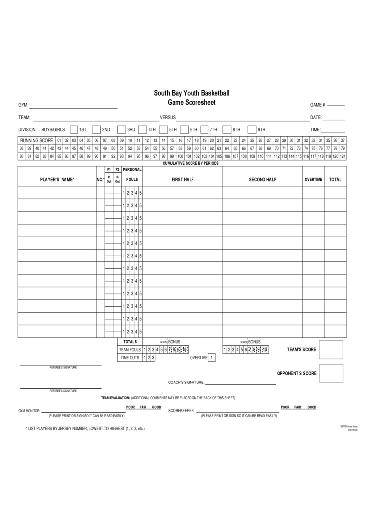 South Bay Youth Basketball Game Scoresheet