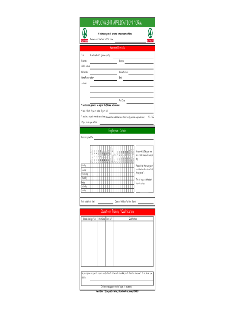 Spar Employment Application Form