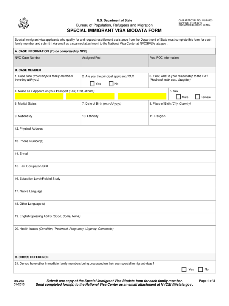 Special Immigrant Visa Biodata Form