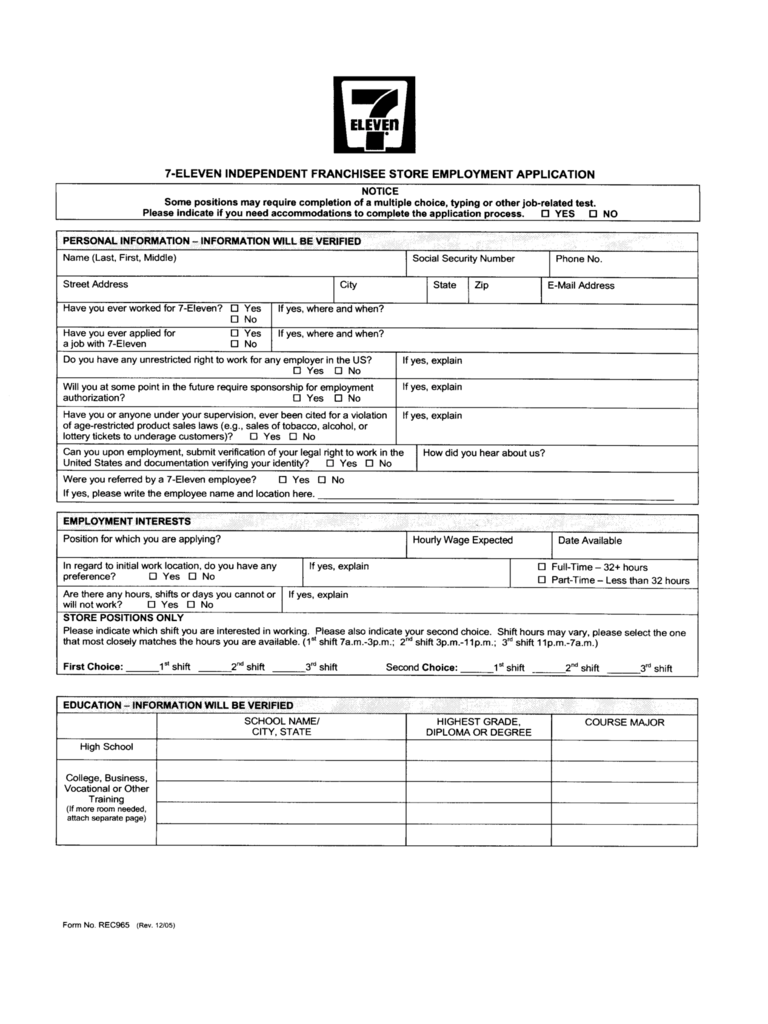 Standard 7 Eleven Store Employment Application Form Edit Fill Sign 