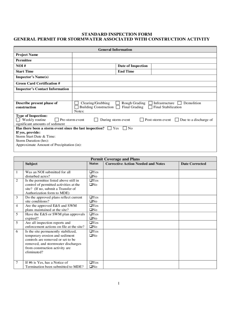 Standard Construction Activity Inspection Form