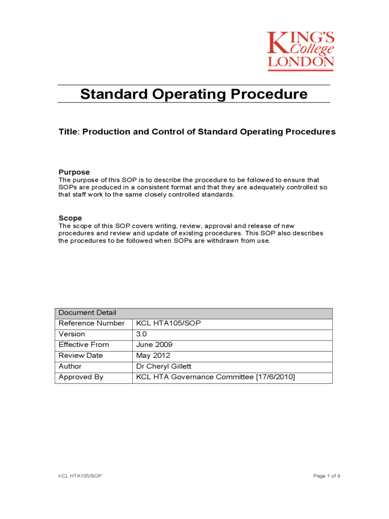 Standard Operating Procedure - King
