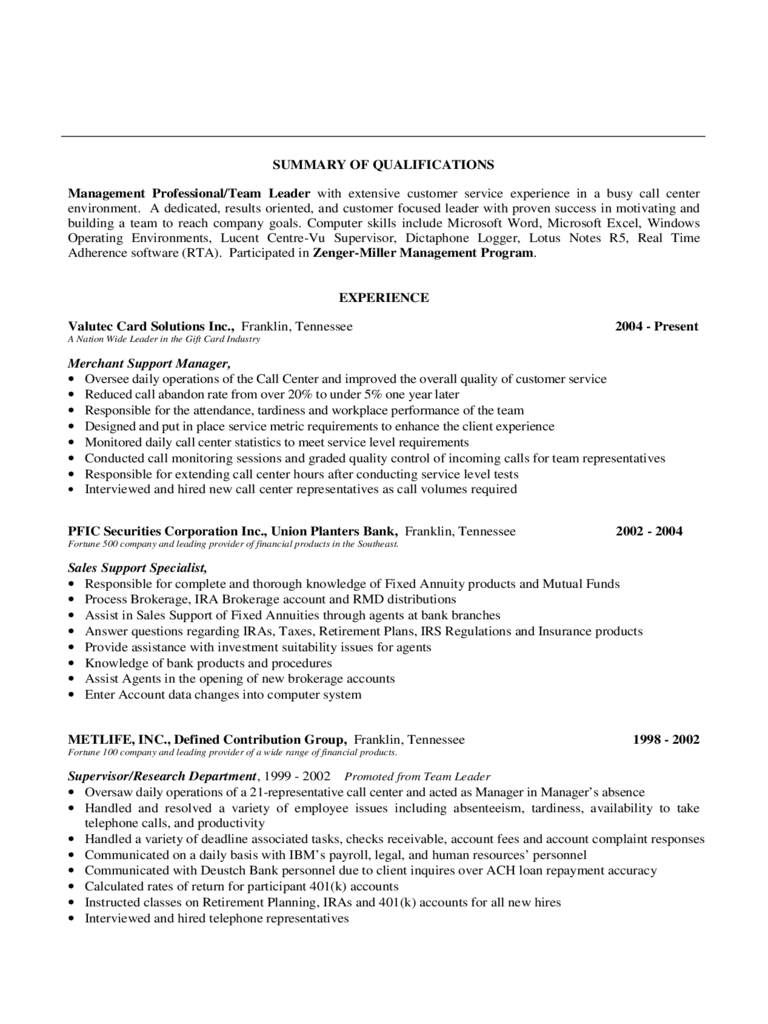 Standard Summary of Qualifications Sample Format