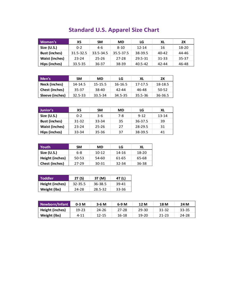 Standard U.S. Apparel Size Chart Edit, Fill, Sign Online Handypdf