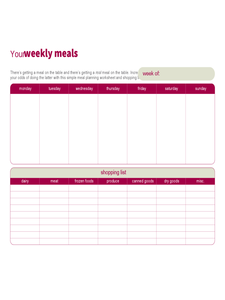 Standard Weekly Meals Planner Template