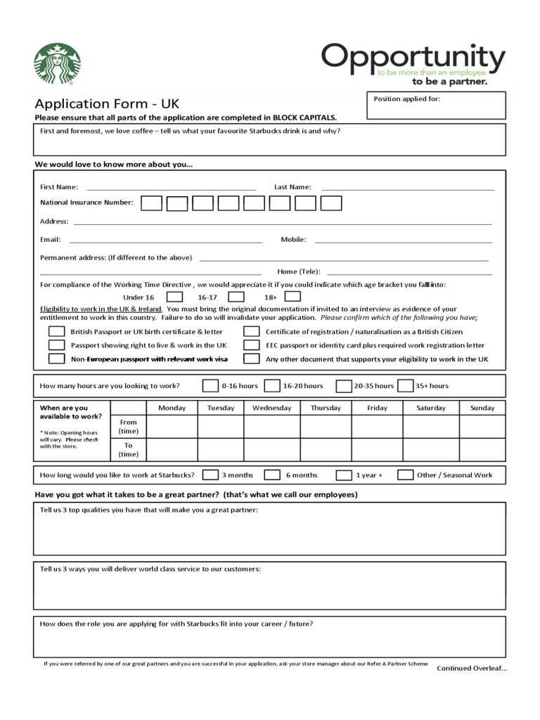 Starbucks Application Form - UK