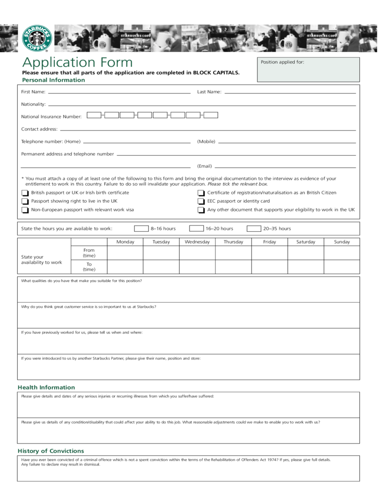 Starbucks Employment Application Form