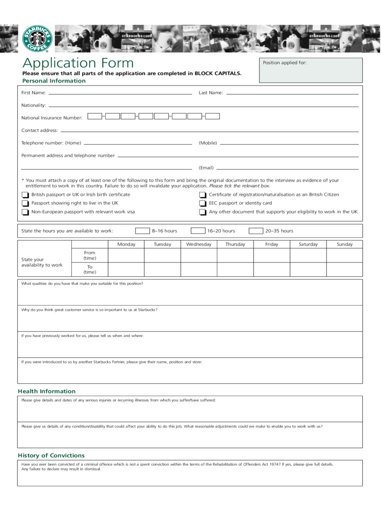 Printable Job Application Form For Starbucks Printable Forms Free Online