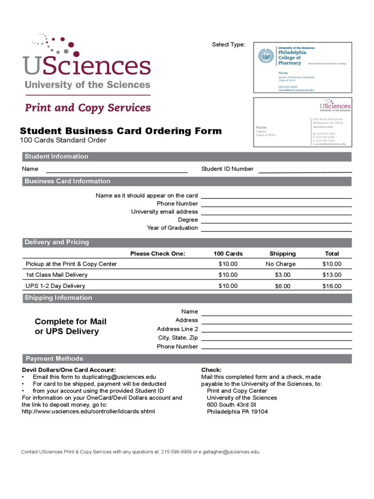 Student Business Card Ordering Form - Philadelphia