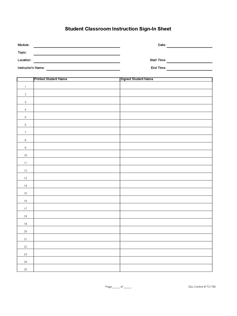 Student Classroom Instruction Sign In Sheet