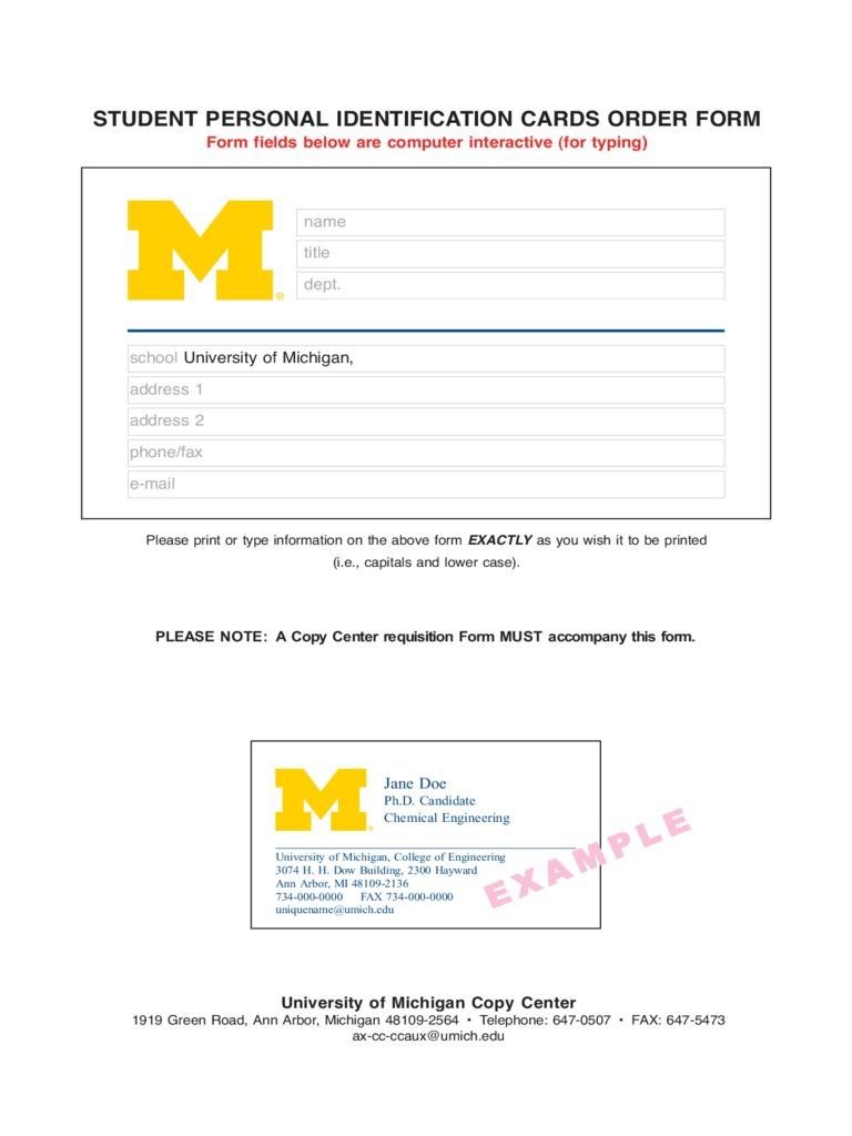 Student Personal Identification Cards Order Form - Michigan