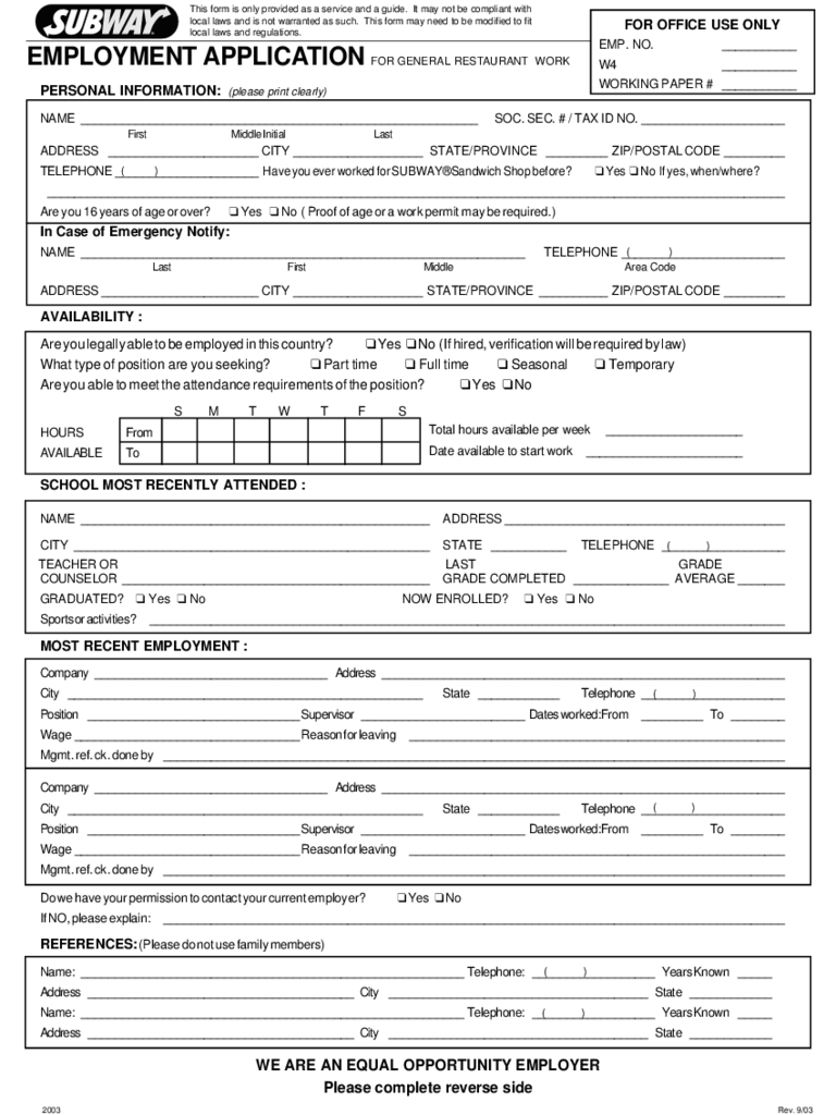 Subway Employment Application Form