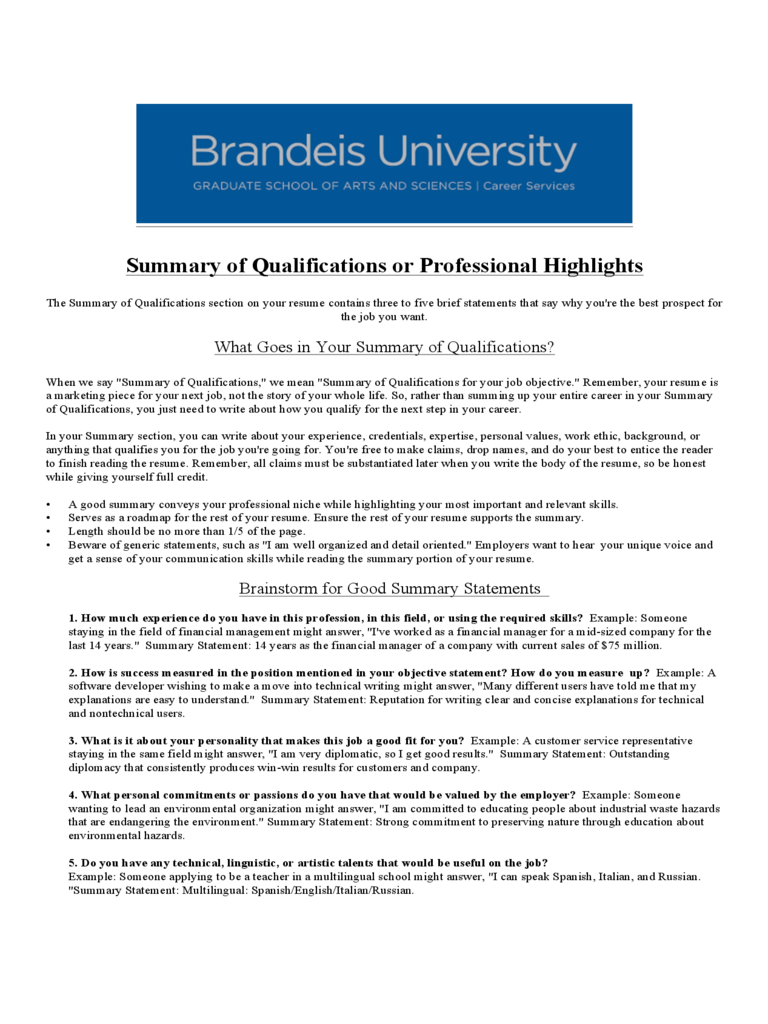Summary of Qualifications or Professional Highlights