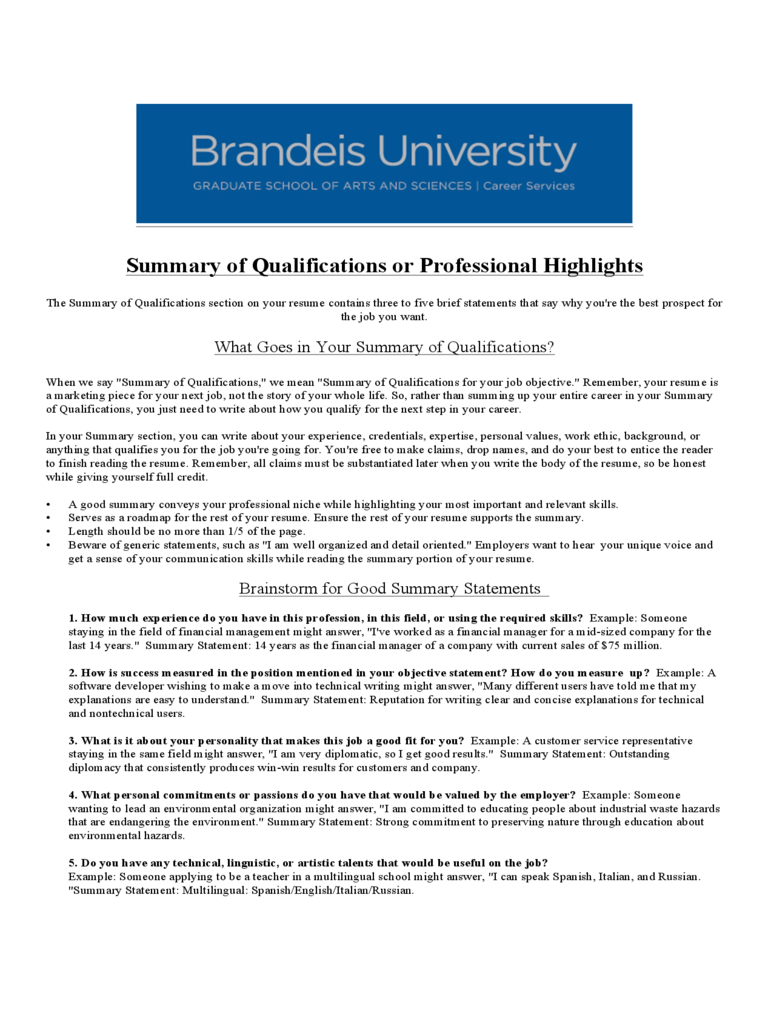 2023 Summary of Qualifications Template Fillable, Printable PDF