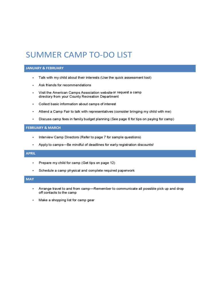 Summer Camp To Do List