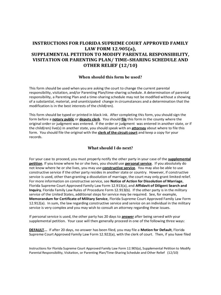 Supplemental Petition to Modify Parental Responsibility - Florida