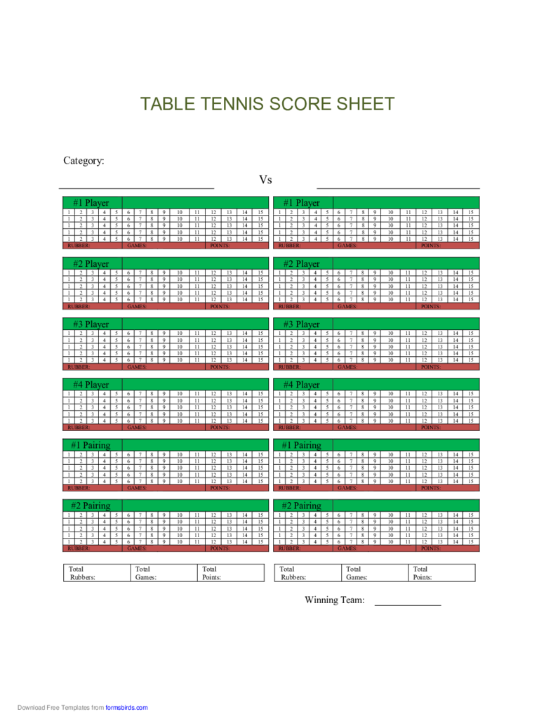 Table Tennis Score Sheet Template