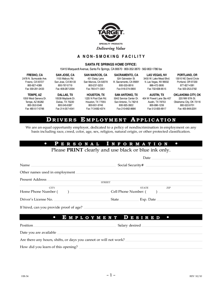Target Drivers Employment Application Form